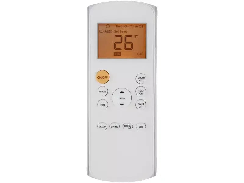 Fernbedienung für Klimagerät mit Temperaturanzeige 26°C und Funktionstasten wie Timer und Modus