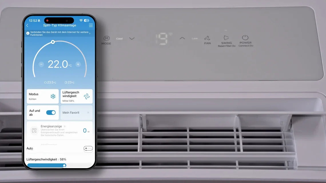 Smartes Klimagerät mit App-Steuerung, 19°C Anzeige, energiesparend und mit Lüftergeschwindigkeit 58%