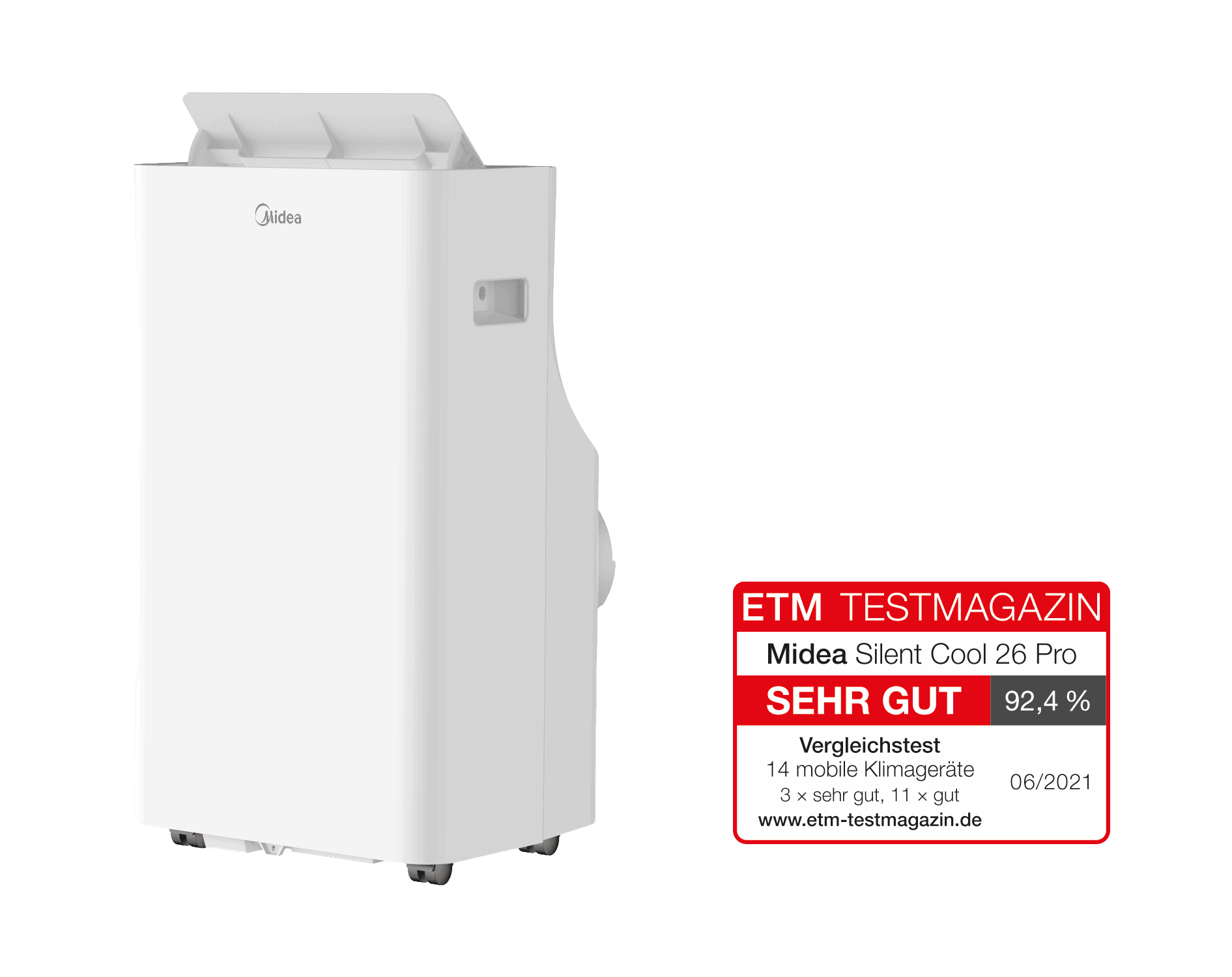 Midea Silent Cool 26 Pro mobile Klimaanlage mit ETM Testmagazin Siegel 'Sehr Gut' 92,4%