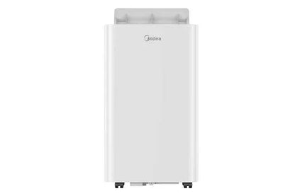 Weißes mobiles Klimagerät mit Rollen und Midea-Logo, energieeffizient und modern