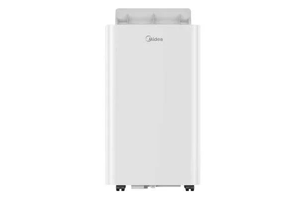 Weißes mobiles Klimagerät mit Rollen und Midea-Logo, energieeffizient und modern